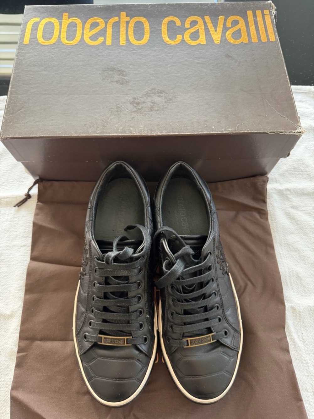 Roberto Cavalli Black Leather Low-Top Lace-Up Sneakers with White Trim